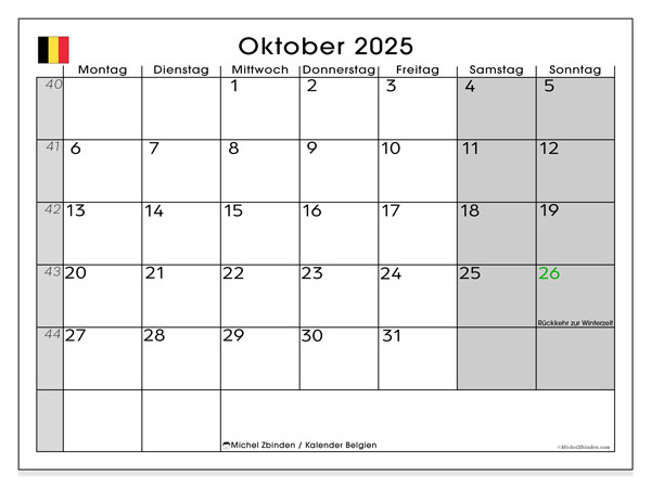 Kalender zum Ausdrucken, Oktober 2025, Belgien