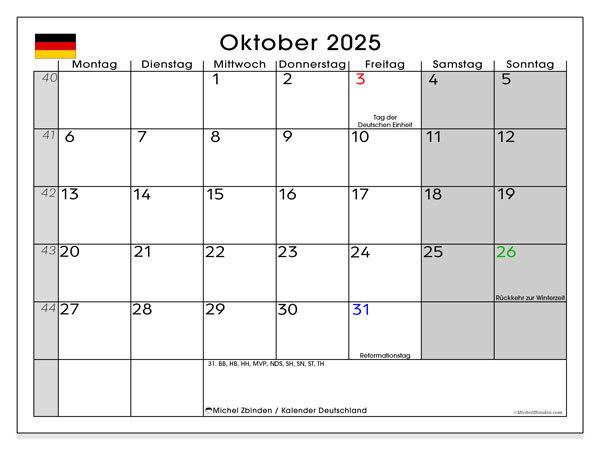 Tulostettava kalenteri, lokakuu 2025, Saksa (DE)