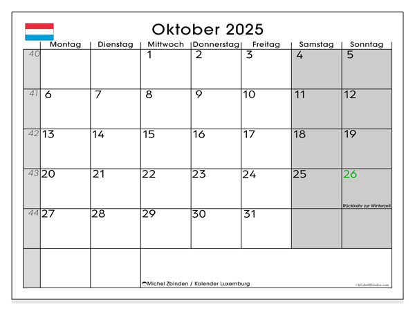 Calendario da stampare, ottobre 2025, Lussemburgo (DE)