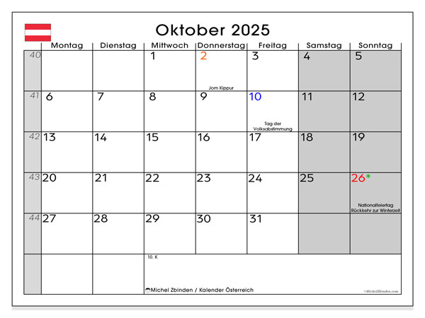 Kalender om af te drukken, oktober 2025, Oostenrijk