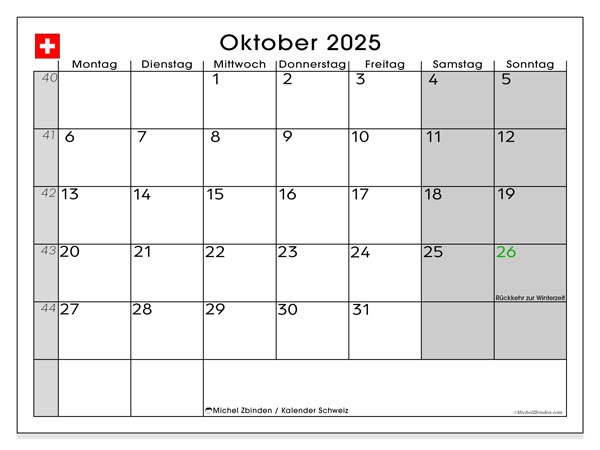Tulostettava kalenteri, lokakuu 2025, Sveitsi (DE)