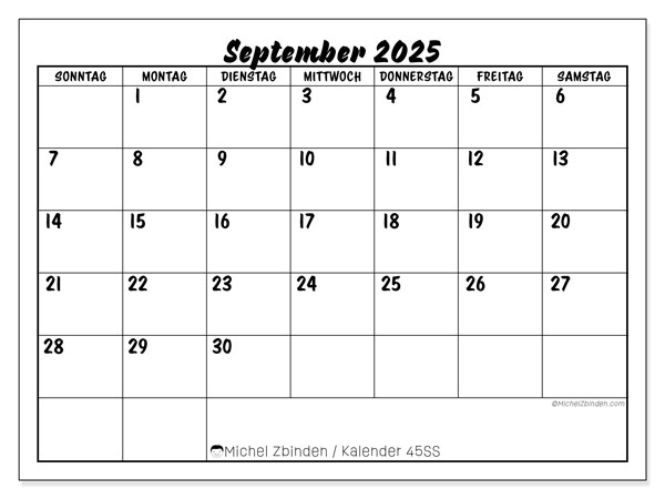 Kalender zum Ausdrucken, September 2025, 45SS