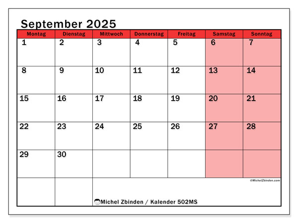 Kalender zum Ausdrucken, September 2025, 502MS