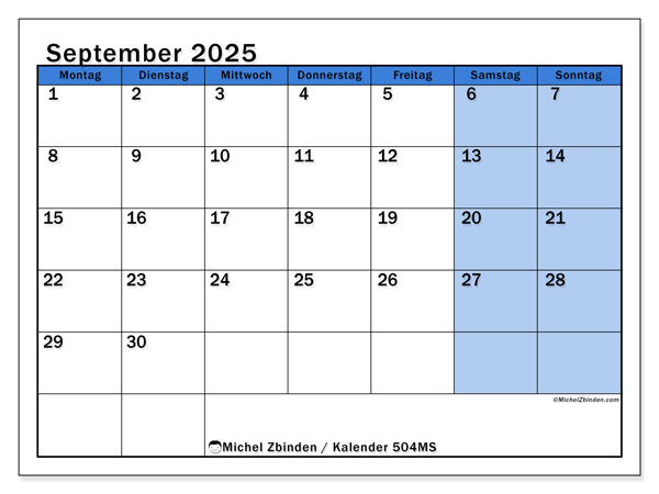 Kalender zum Ausdrucken, September 2025, 504MS