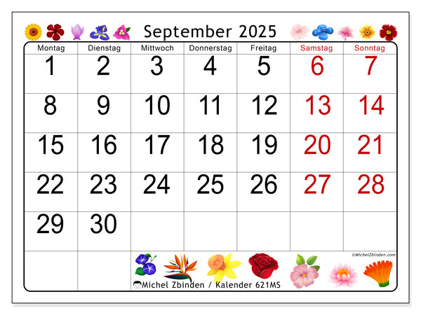 Kalender zum Ausdrucken, September 2025, 621MS