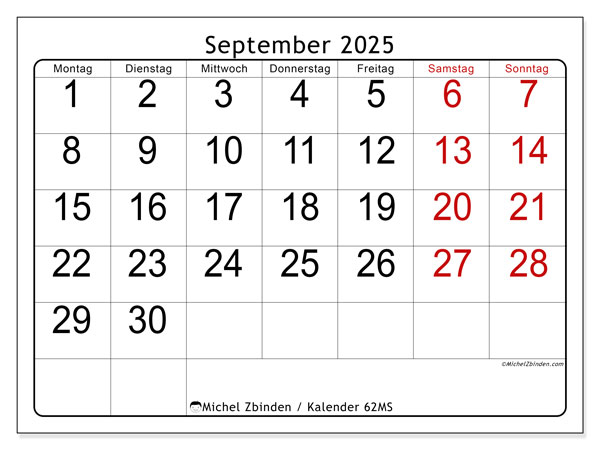Kalender zum Ausdrucken, September 2025, 62MS