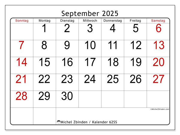 Kalender zum Ausdrucken, September 2025, 62SS