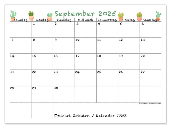 Kalender zum Ausdrucken, September 2025, 772SS