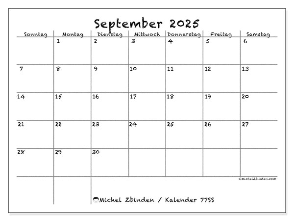 Kalender zum Ausdrucken, September 2025, 77SS