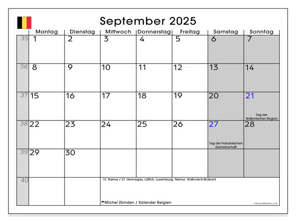 Kalender zum Ausdrucken, September 2025, Belgien