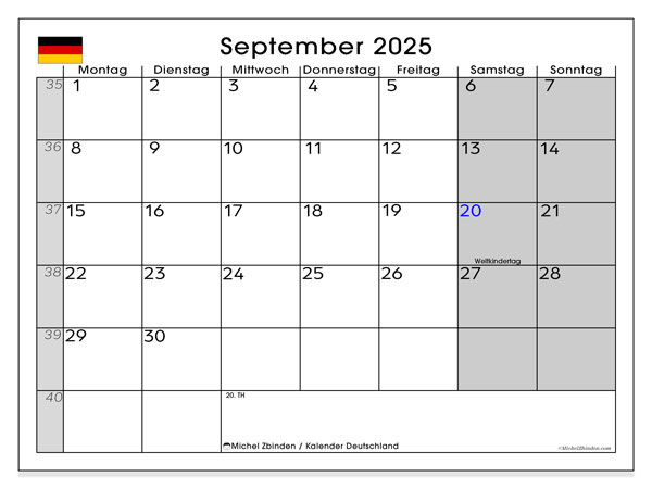 Tulostettava kalenteri, syyskuu 2025, Saksa (DE)
