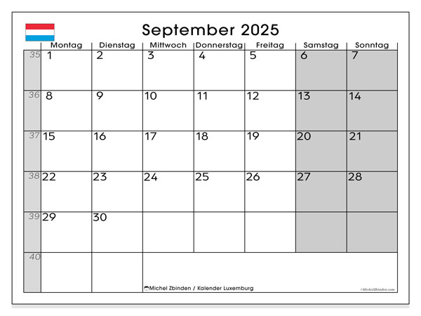 Calendrier à imprimer, septembrie 2025, Luxemburg (DE)