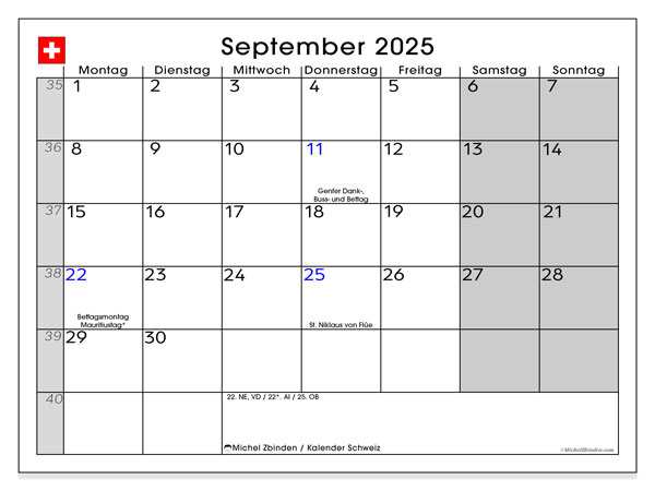 Tulostettava kalenteri, syyskuu 2025, Sveitsi (DE)