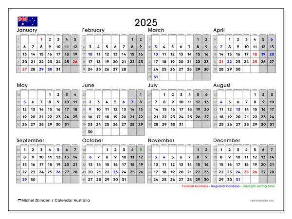 Kalender om af te drukken, annuel 2025, Australië (MS)