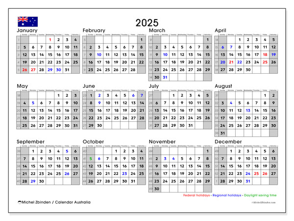 Kalender om af te drukken, annuel 2025, Australië (SS)