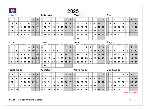 Kalender att skriva ut, årlig 2025, Belize (MS)