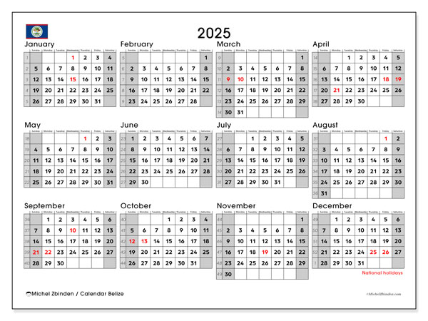 Kalender att skriva ut, årlig 2025, Belize (SS)