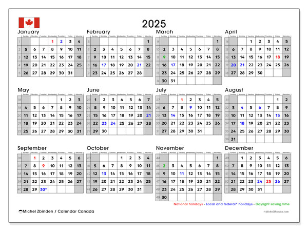 Printable calendar, Annual 2025, Canada