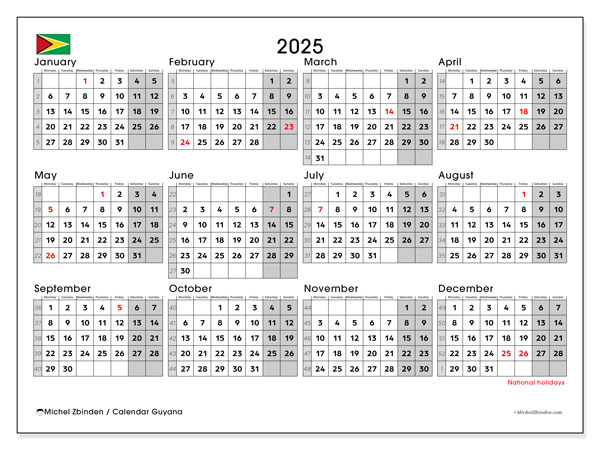 Printable calendar, Annual 2025, Guyana (MS)