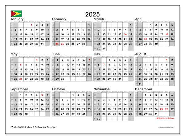 Printable calendar, Annual 2025, Guyana (SS)
