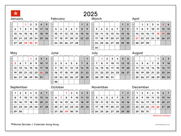 Kalendarz do druku, roczny 2025, Hongkong (MS)