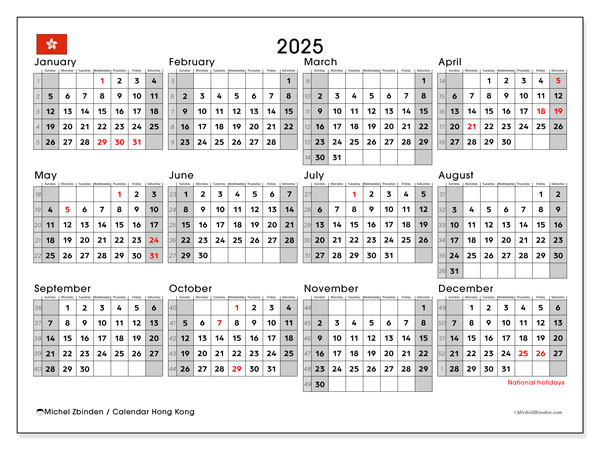 Kalendarz do druku, roczny 2025, Hongkong (SS)