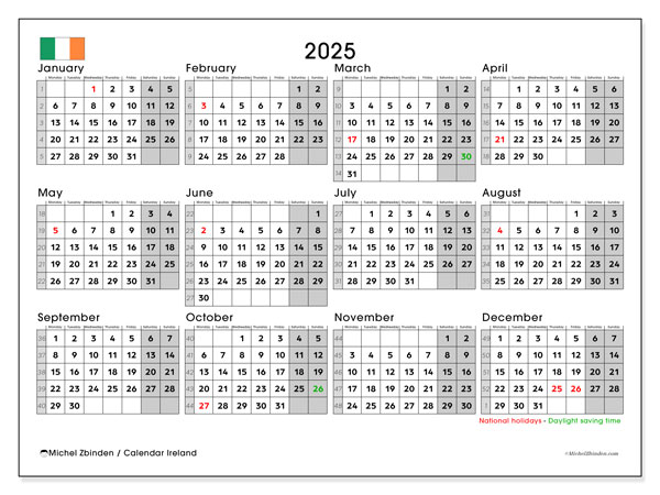 Kalender zum Ausdrucken, Jahrlich 2025, Irland