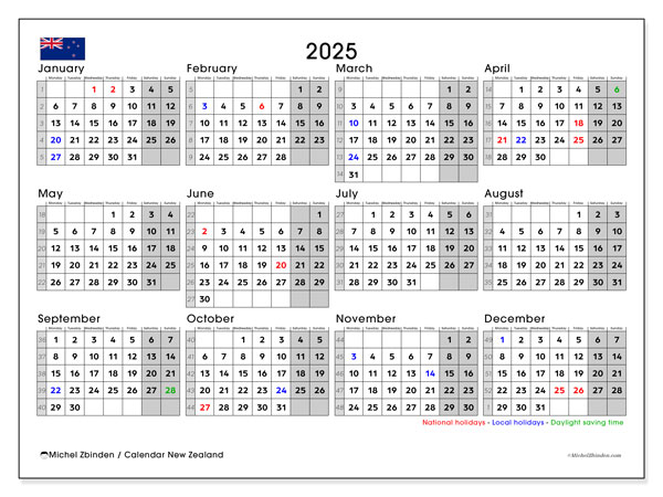 Kalender for utskrift, årlig 2025, New Zealand (MS)