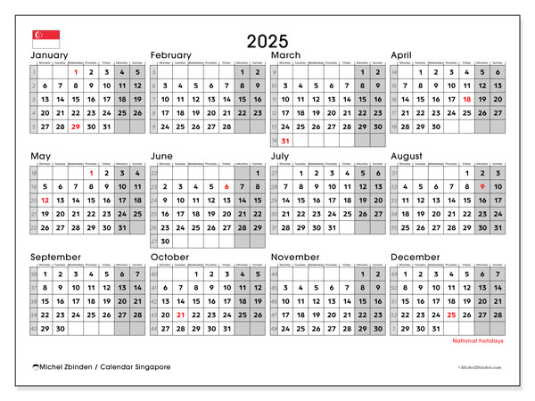 Calendario da stampare, annuale 2025, Singapore (MS)