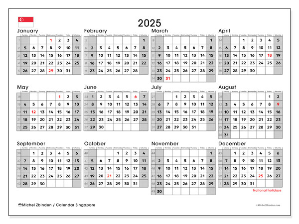 Kalender zum Ausdrucken, Jahrlich 2025, Singapur (SS)