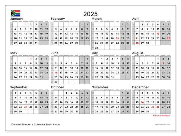 Kalender om af te drukken, annuel 2025, Zuid-Afrika (MS)