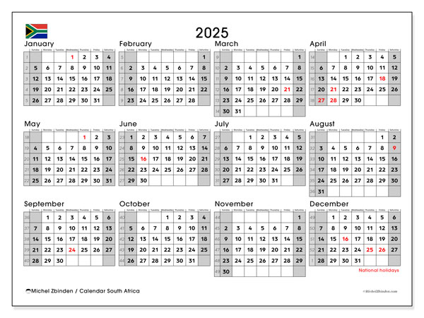 Kalender om af te drukken, annuel 2025, Zuid-Afrika (SS)