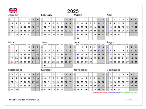 Kalender for utskrift, årlig 2025, Storbritannia