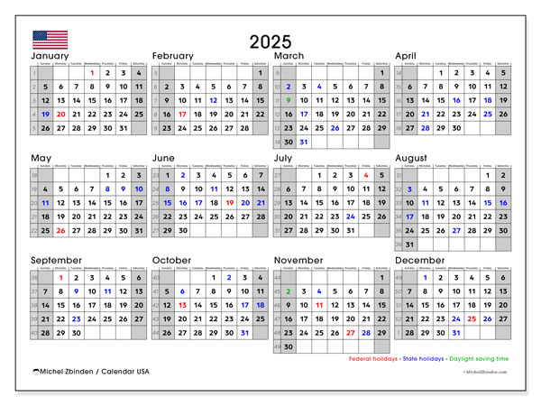 Calendrier à imprimer, anual 2025, Statele Unite ale Americii (EN)