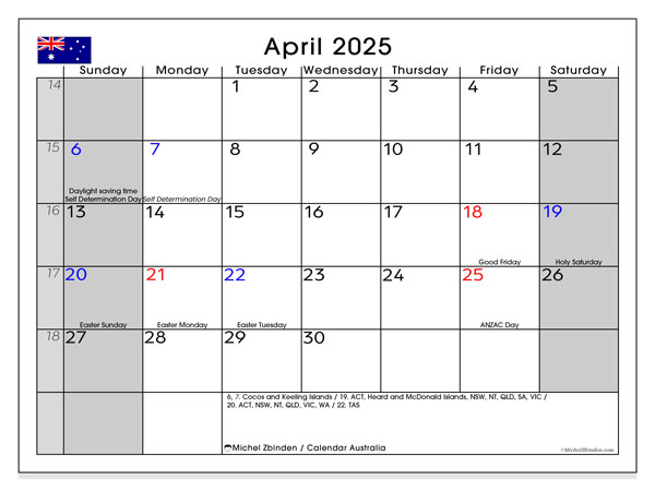 Tulostettava kalenteri, huhtikuu 2025, Australia (SS)