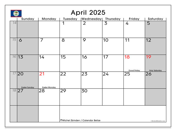 Kalender til udskrivning, april 2025, Belize (SS)