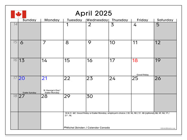 Printable calendar, April 2025, Canada
