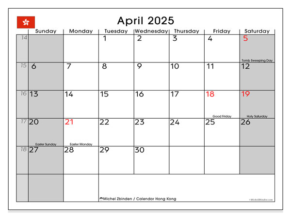 Tulostettava kalenteri, huhtikuu 2025, Hong Kong (SS)