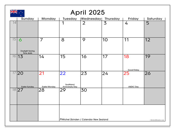 Kalender april 2025 “Nieuw-Zeeland”. Gratis printbaar schema.. Zondag tot zaterdag