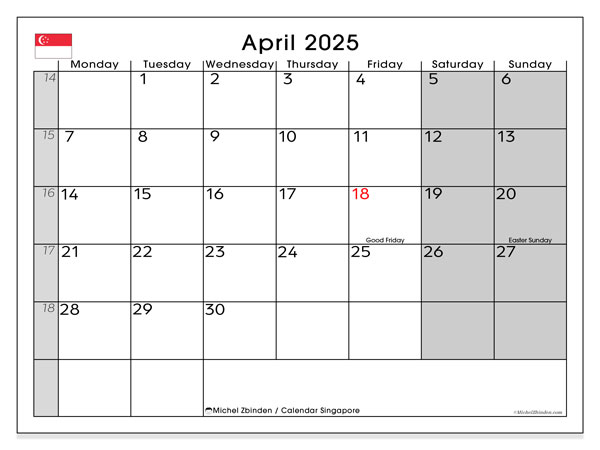 Kalender for utskrift, april 2025, Singapore (MS)