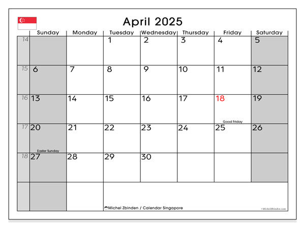 Kalender for utskrift, april 2025, Singapore (SS)