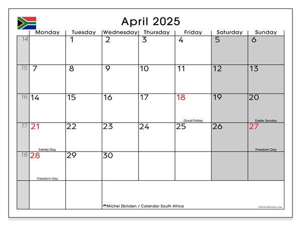 Tulostettava kalenteri, huhtikuu 2025, Etelä-Afrikka (MS)