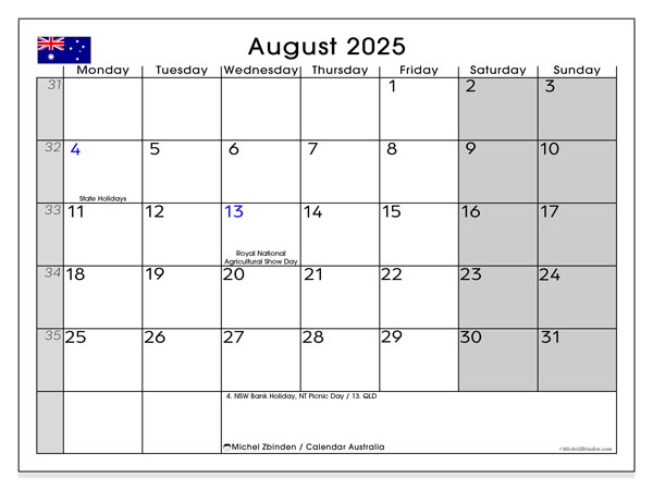 Kalender til udskrivning, august 2025, Australien (MS)