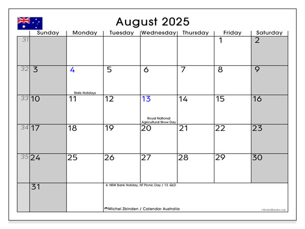 Tulostettava kalenteri, elokuu 2025, Australia (SS)