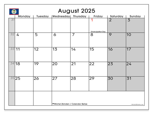 Kalender til udskrivning, august 2025, Belize (MS)