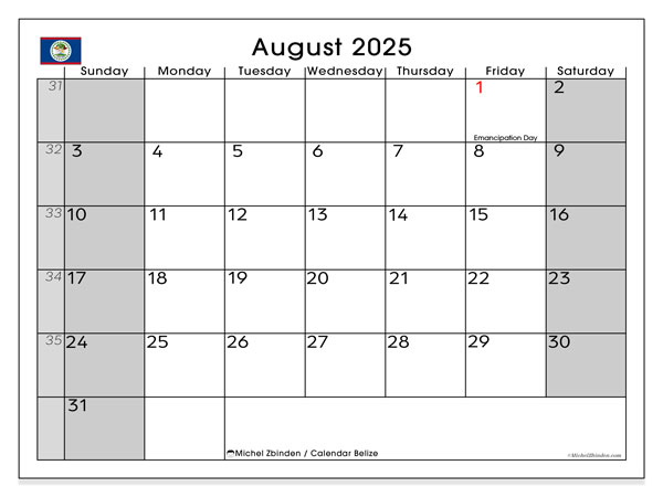 Kalender om af te drukken, augustus 2025, Belize (SS)