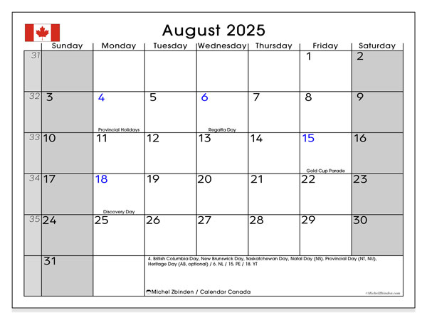 Printable calendar, August 2025, Canada