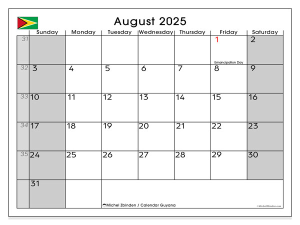 Printable calendar, August 2025, Guyana (SS)