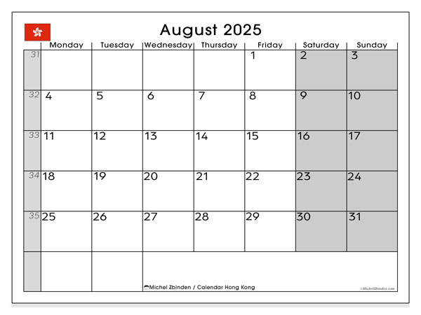Tulostettava kalenteri, elokuu 2025, Hong Kong (MS)