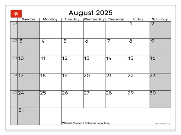 Tulostettava kalenteri, elokuu 2025, Hong Kong (SS)